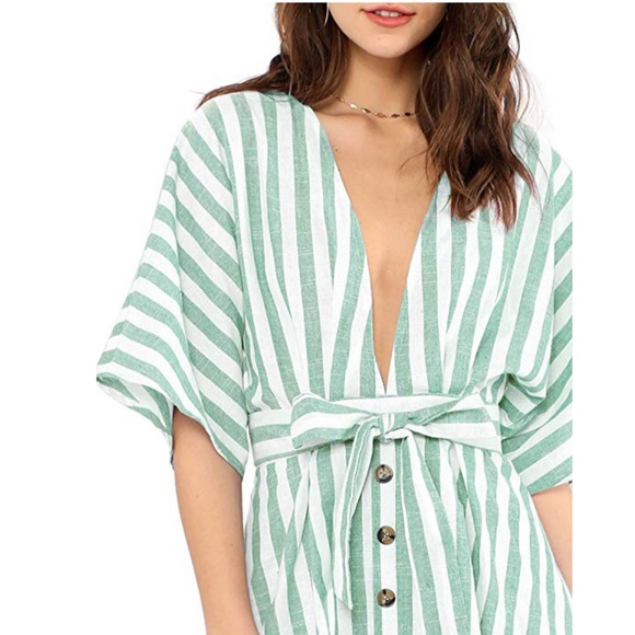Flutter Away Green Stripped V Neck Backless Dress - Picture 4 of 4